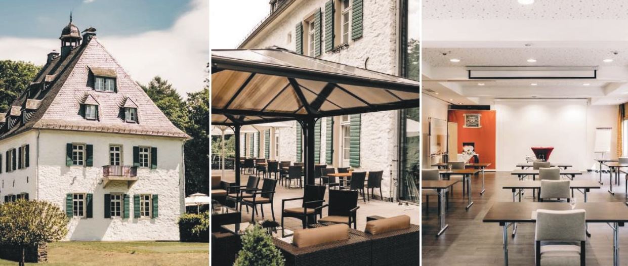 Hotel Gut Landscheid in Burscheid: Herrenhaus, Terrasse und Tagungsraum