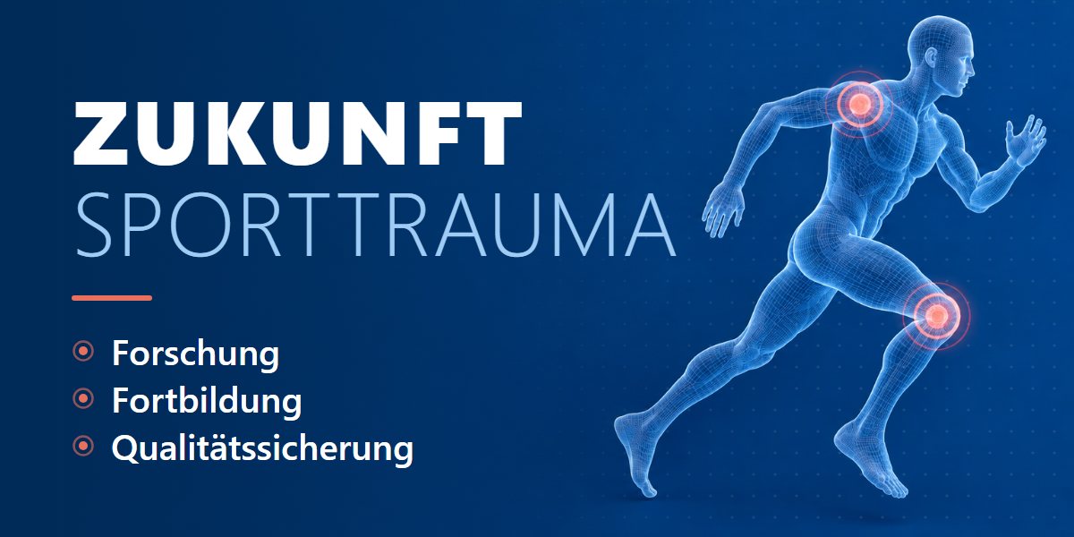 Zukunft Sporttrauma – Forschung, Fortbildung, Qualitätssicherung. Illustration eines laufenden Sportlers mit markiertem Schulter- und Kniegelenk
